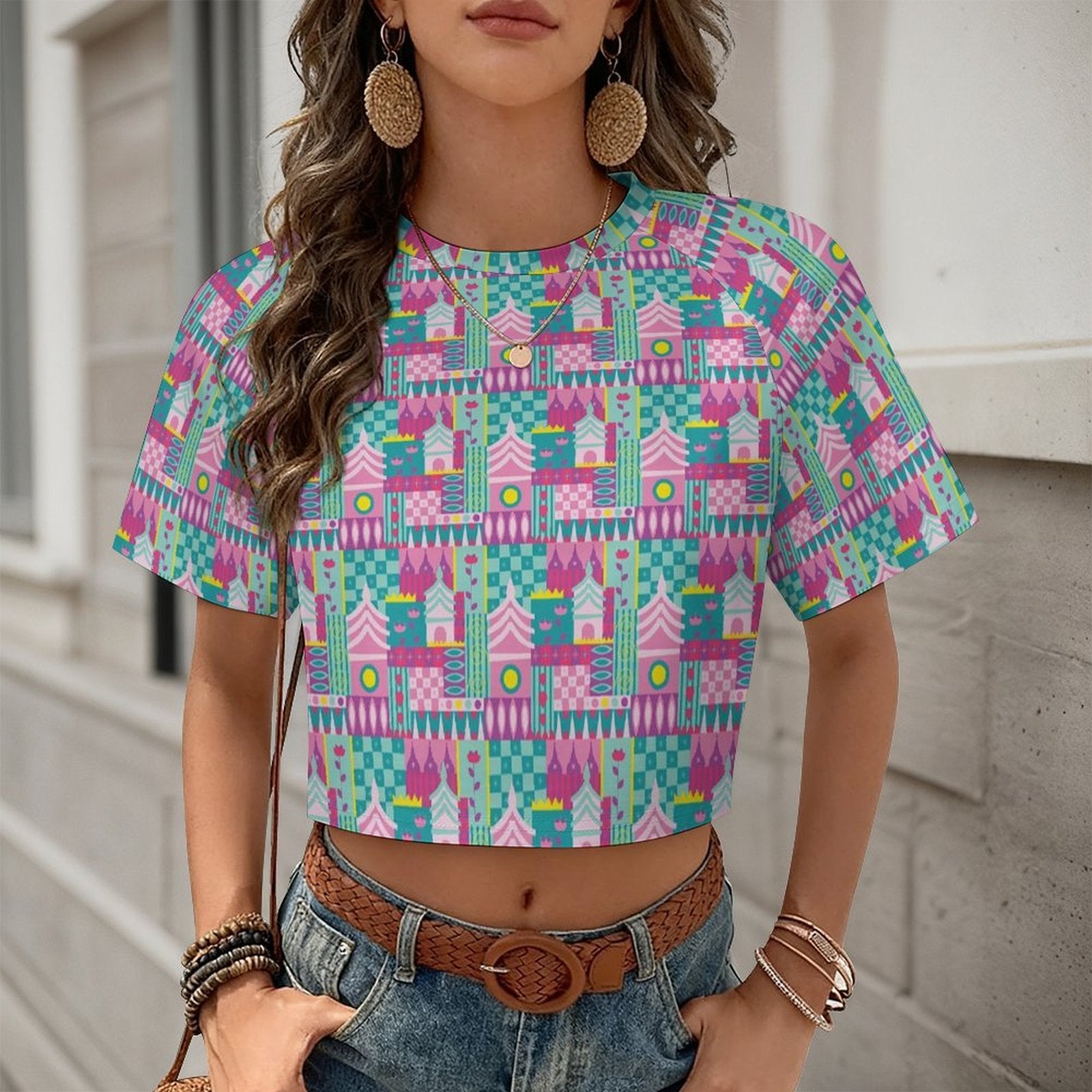 All Over Print Cropped Ralgan T-Shirt - Ambrie
