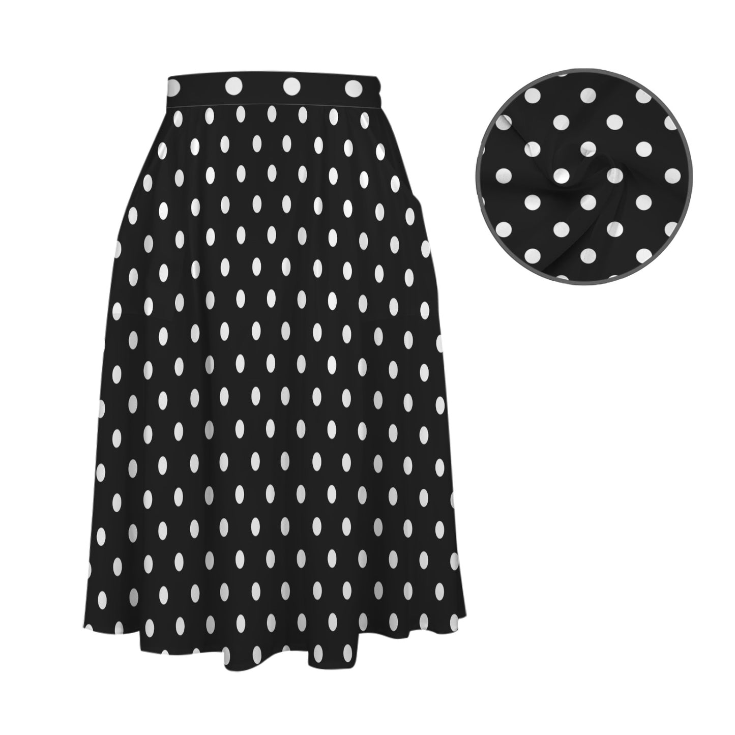 Black With White Polka Dots Elastic Waist Midi Skirt With Pockets