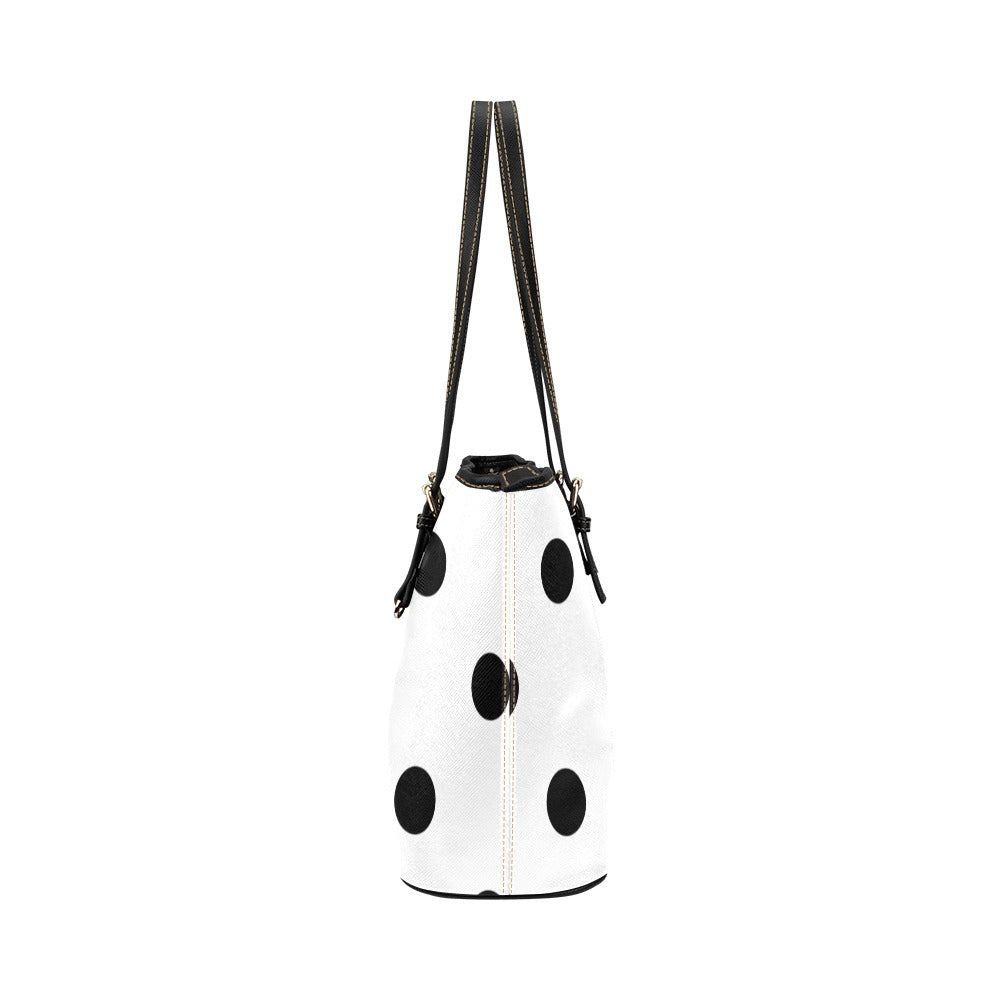 White With Black Polka Dots Leather Tote Bag