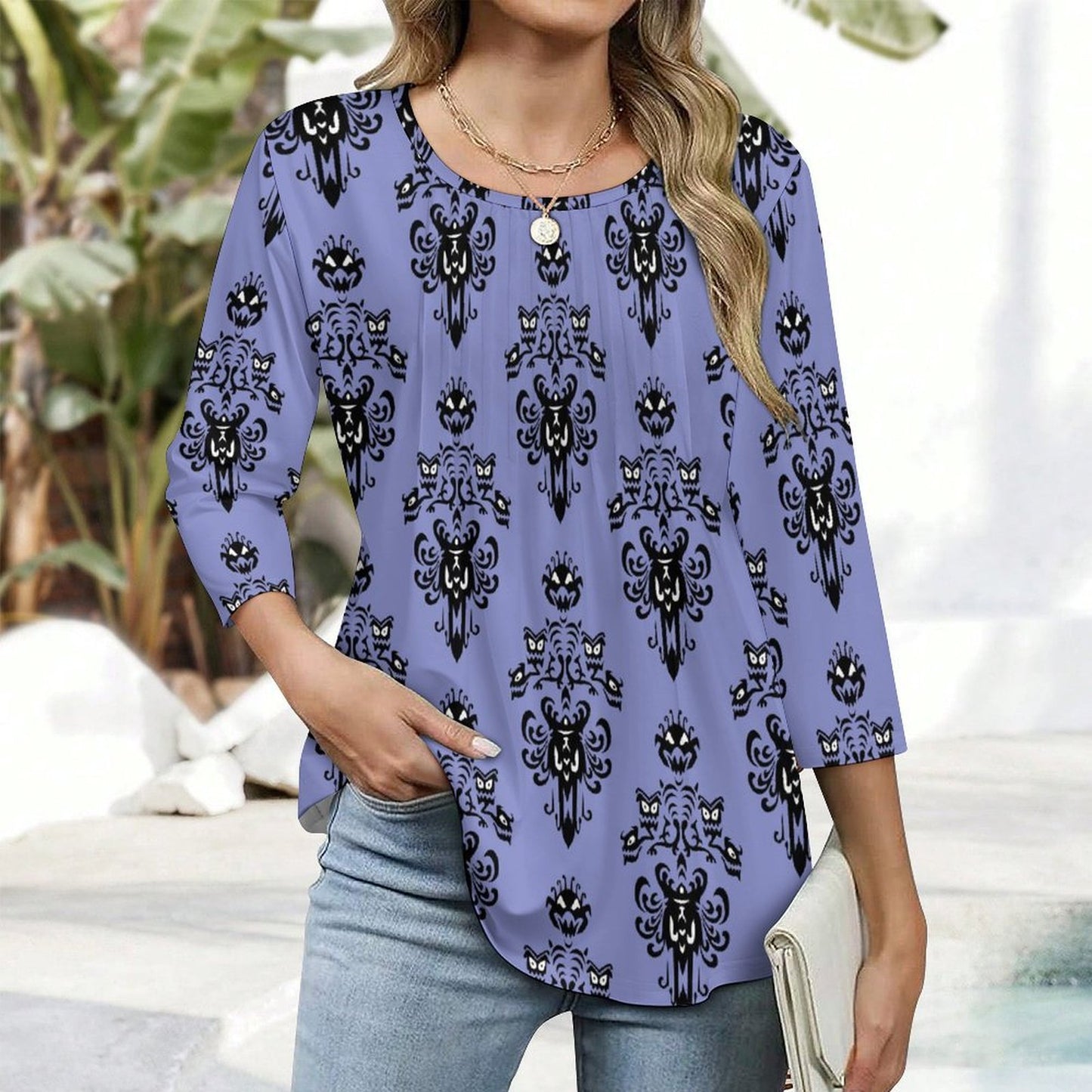 Haunted Mansion Wallpaper Women's 3/4 Sleeve Pleated Tunic Top - Ambrie