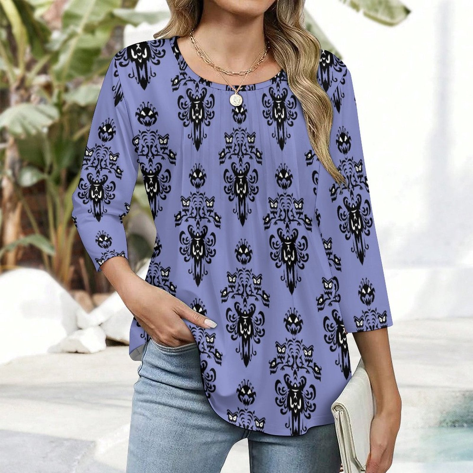 Haunted Mansion Wallpaper Women's 3/4 Sleeve Pleated Tunic Top - Ambrie
