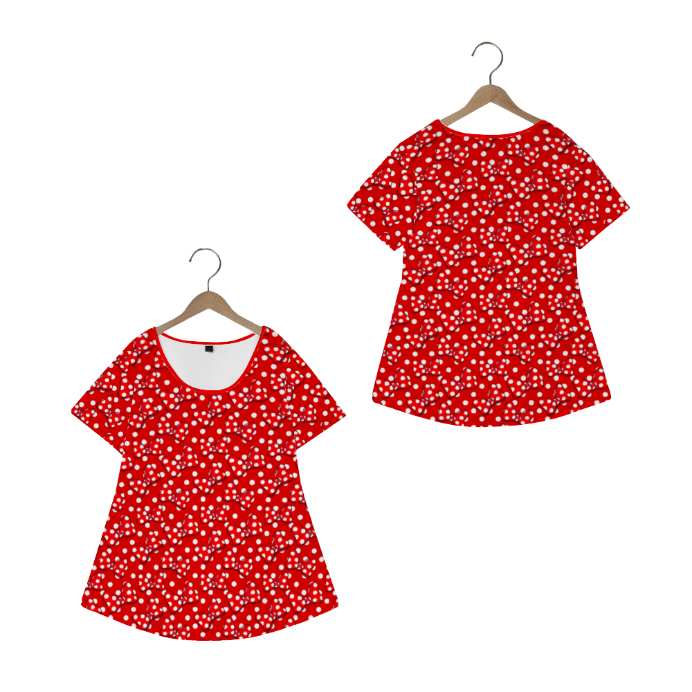 Red With White Polka Dot And Bows Women's Crew Neck Loose Tunic