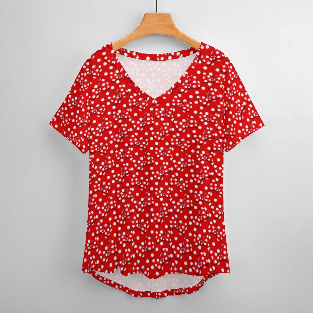 Red With White Polka Dot And Bows Women's V-Neck T-Shirt