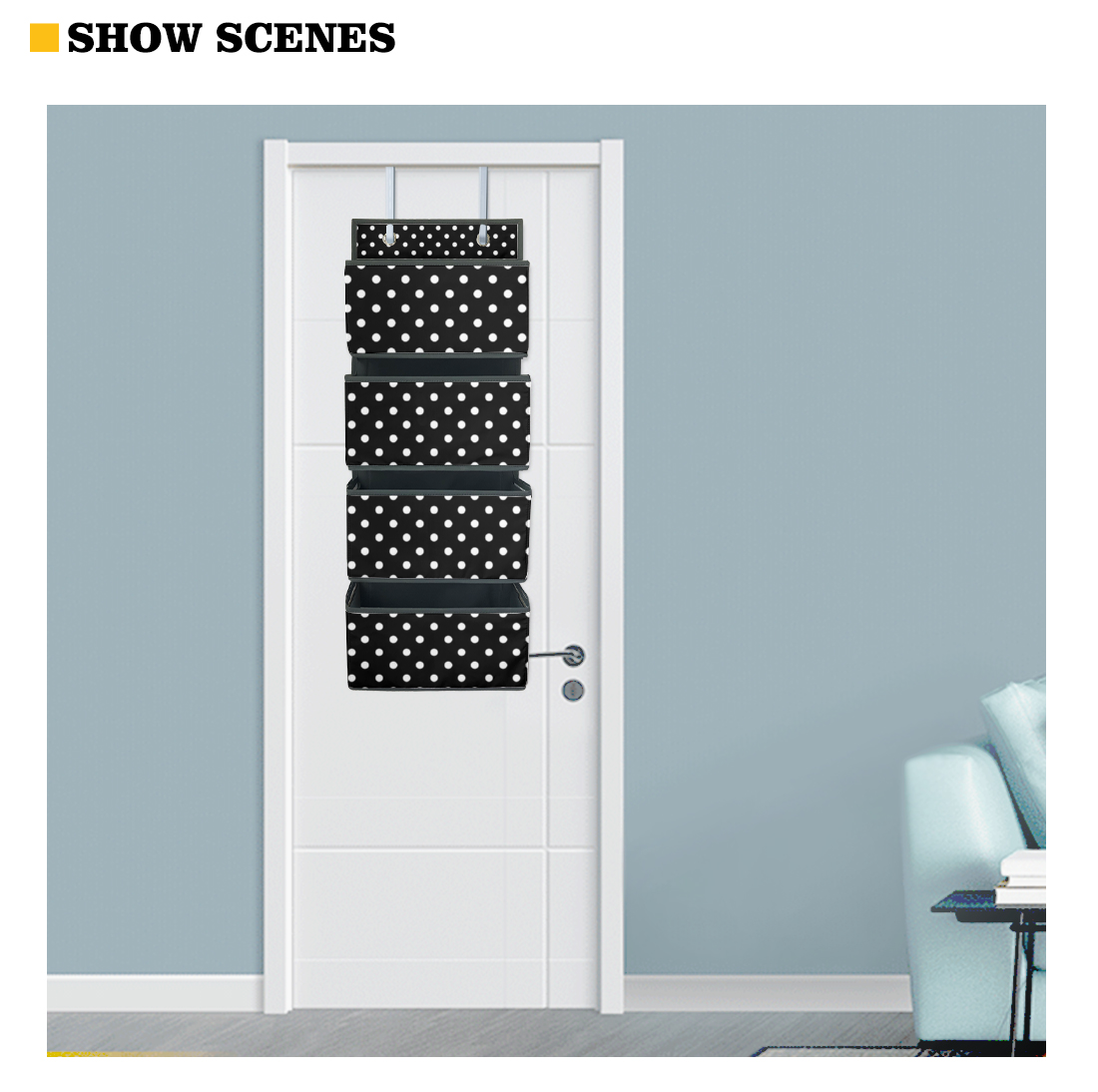 Black With White Polka Dots 4-Tier Hanging Shelf Wall Closet Storage Organizer Bags