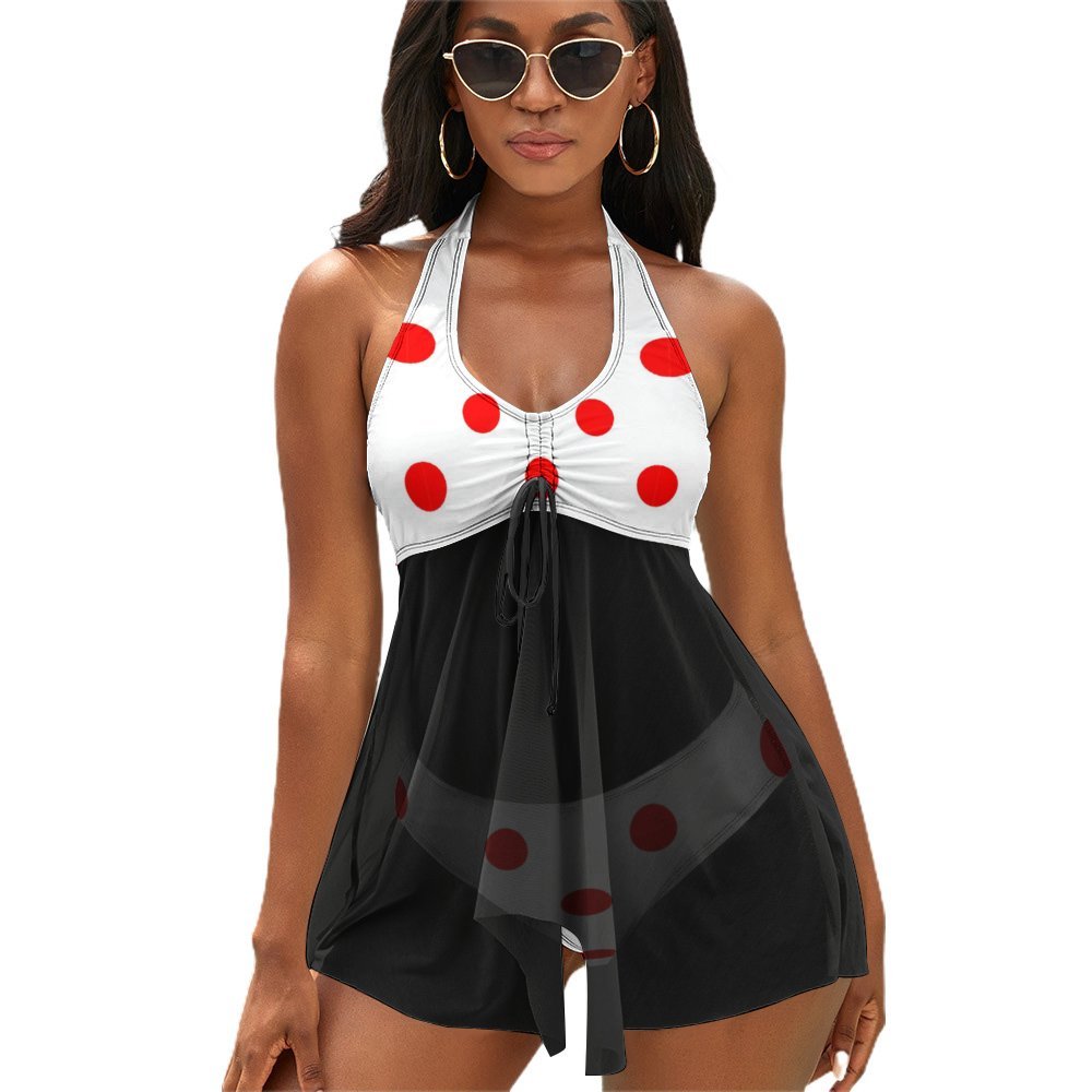 White With Red Polka Dots Women's Split Skirt Swimsuit