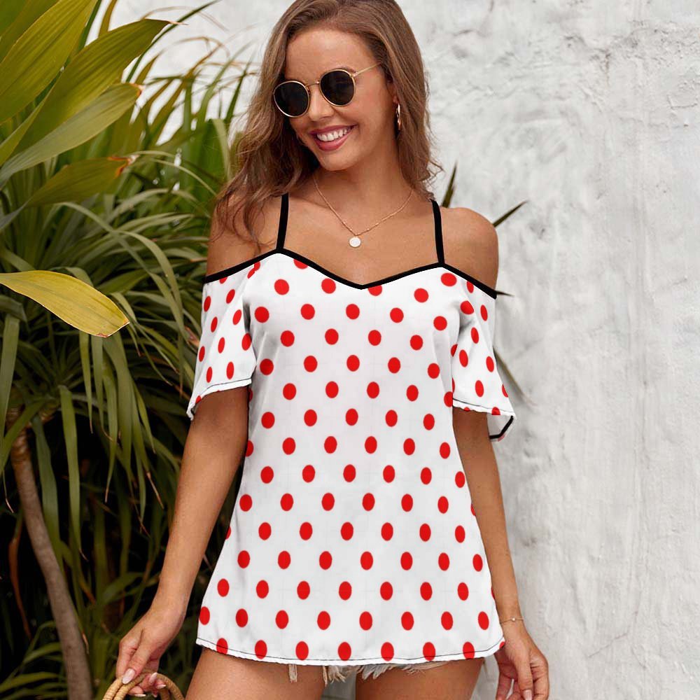 White With Red Polka Dots Women's Off-Shoulder Cold Shoulder Camisole Top