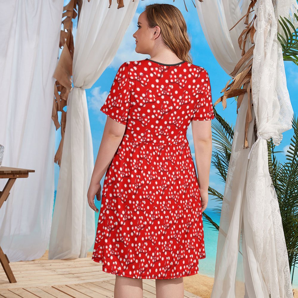 Red With White Polka Dot And Bows Women's Round Neck Plus Size Dress With Pockets