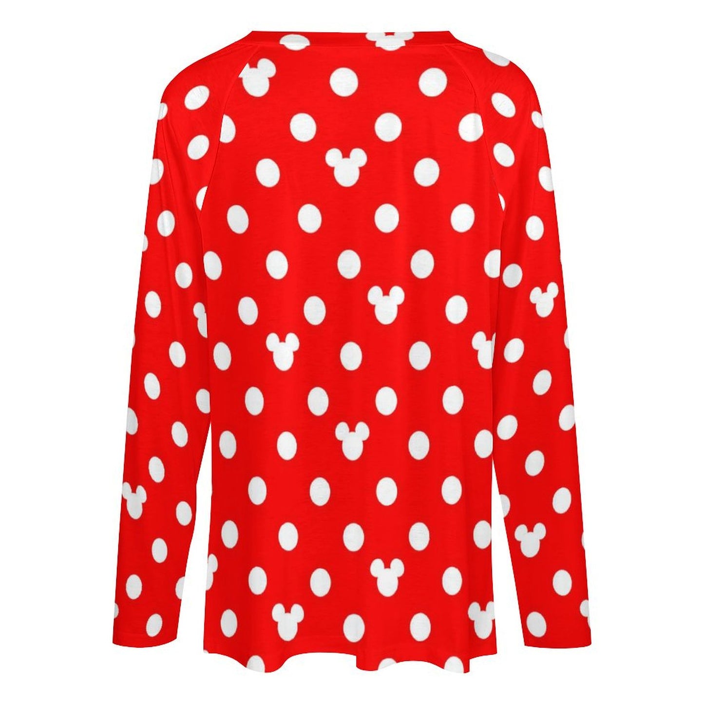 Red With White Mickey Polka Dots Long Sleeve Loose V-Neck Tee