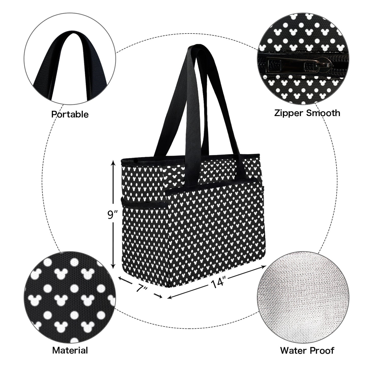 Black With White Mickey Polka Dots Large Capacity Insulated Tote Bag