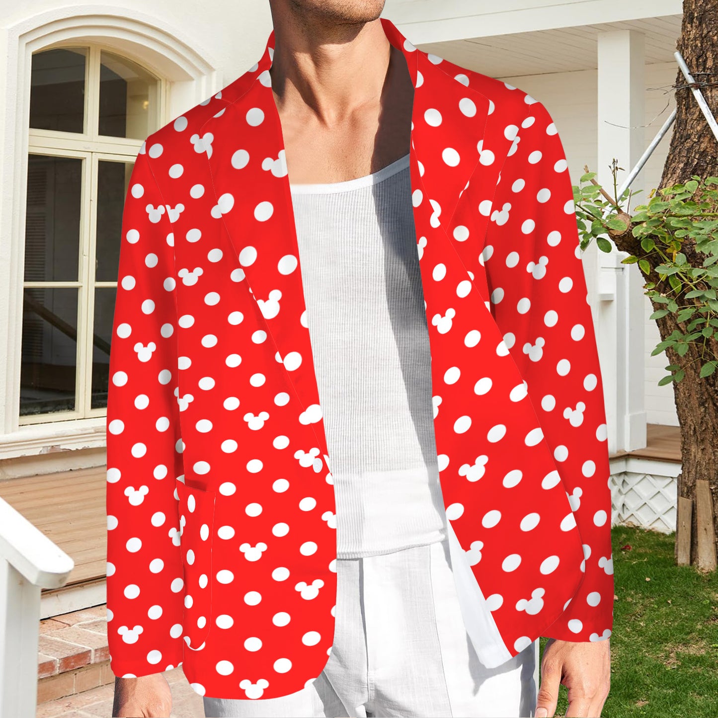 Red With White Mickey Polka Dots Men's Blazer Jacket