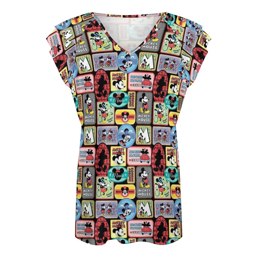 Mickey Stickers Women's Ruffle Sleeve V-Neck T-Shirt