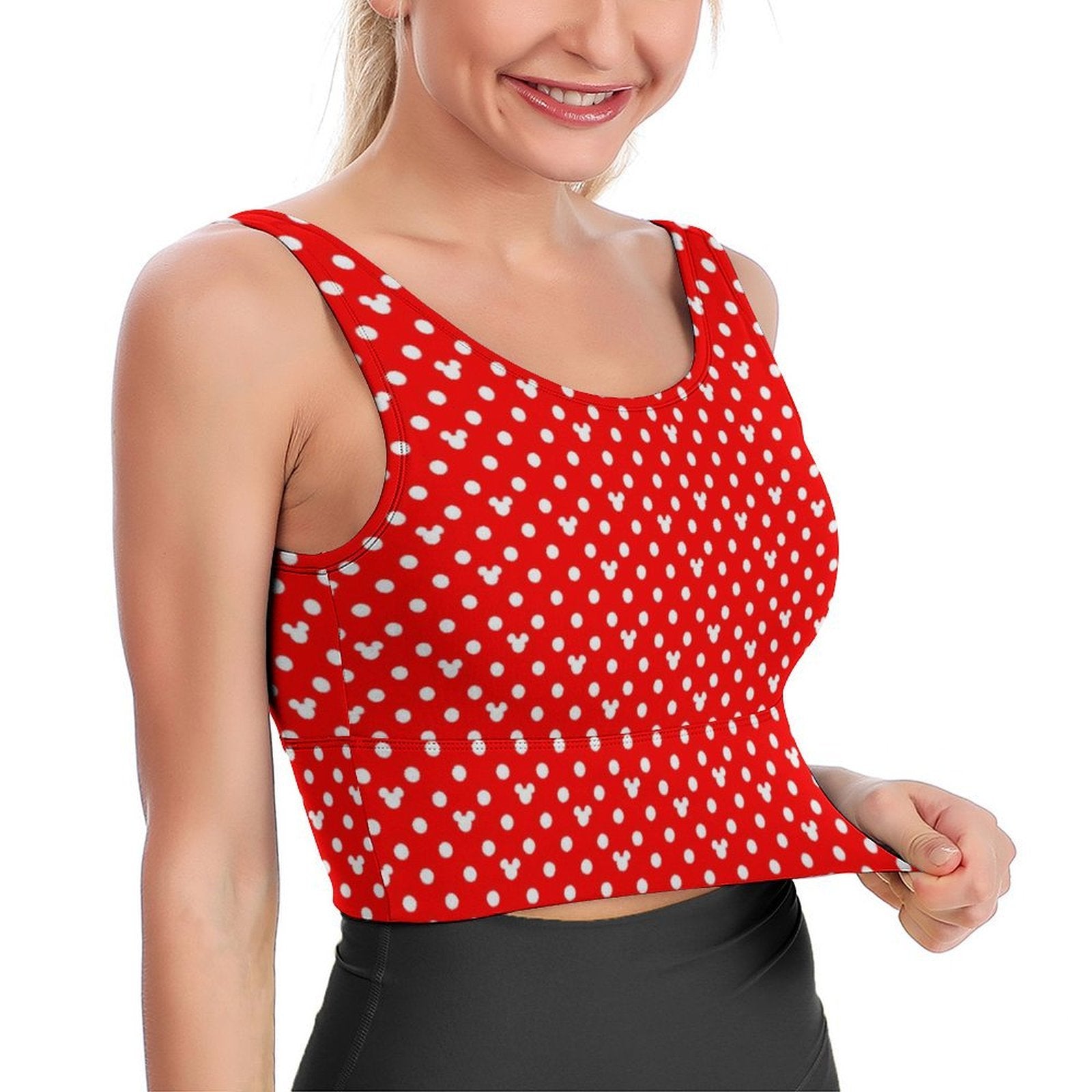 Red With White Mickey Polka Dots Women's Crop Tank Top - Ambrie