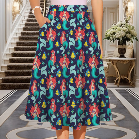 Little Mermaid Elastic Waist Midi Skirt With Pockets