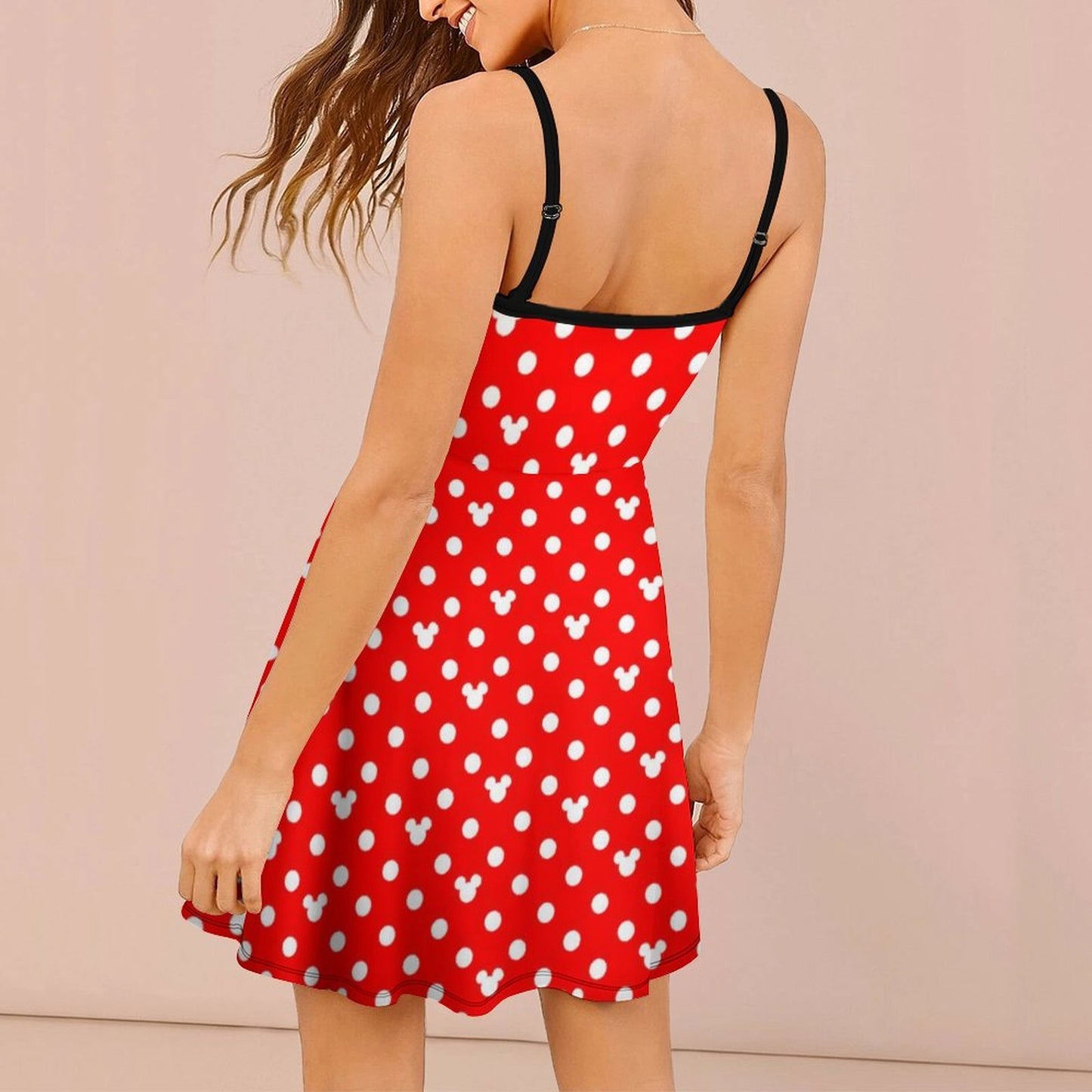 Red With White Mickey Polka Dots Women’s Sling Short Dress - Ambrie