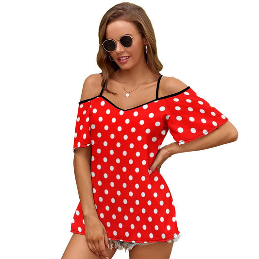 Red With White Polka Dots Women's Off-Shoulder Cold Shoulder Camisole Top