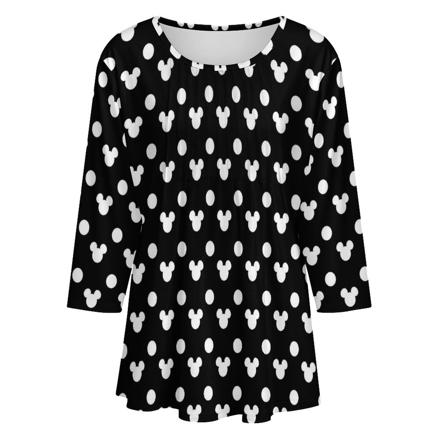 Black With White Mickey Polka Dots Women's 3/4 Sleeve Pleated Tunic Top - Ambrie