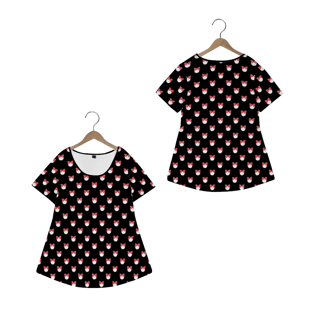 Black With White Polka Dots And Bows Women's Crew Neck Loose Tunic