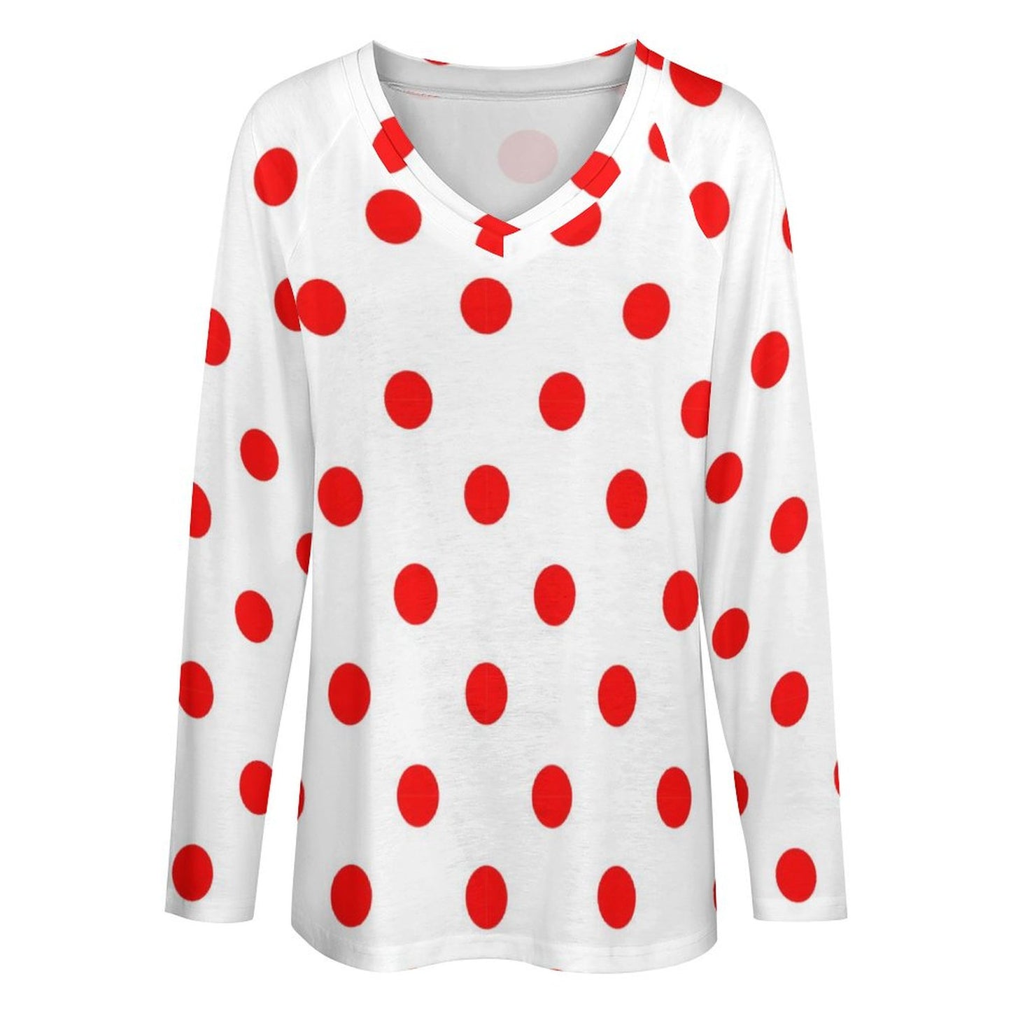 White With Red Polka Dots Long Sleeve Loose V-Neck Tee