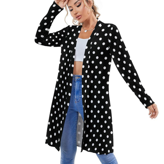 Black With White Polka Dots Women's Mid-Length Cardigan