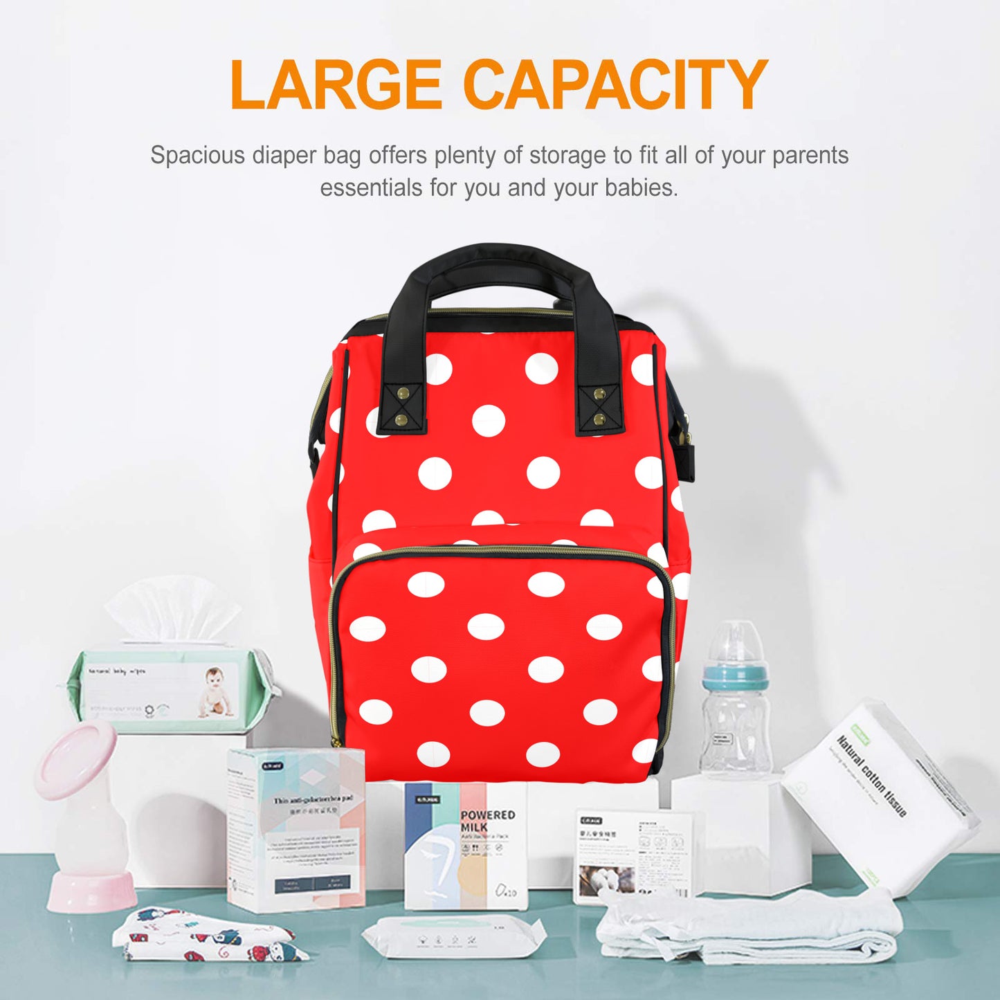 Red With White Polka Dots Multi-Function Diaper Bag