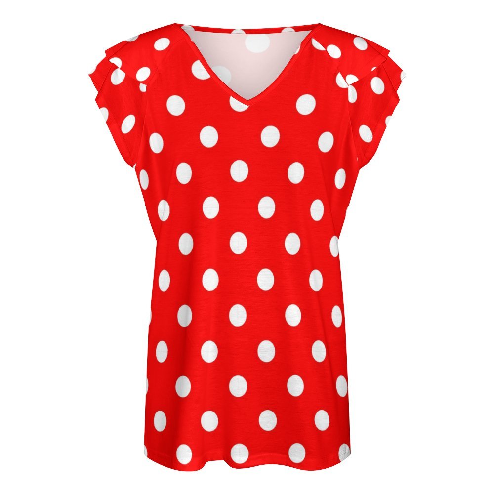 Red With White Polka Dots Women's Ruffle Sleeve V-Neck T-Shirt