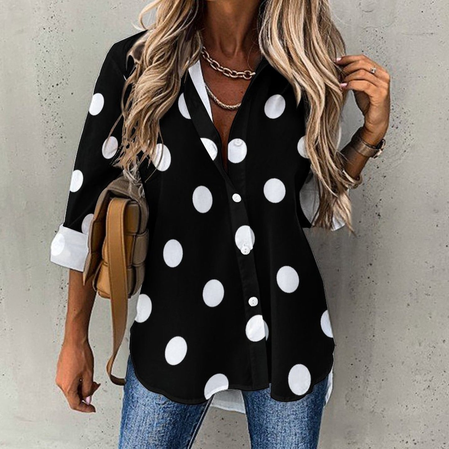 Black With White Polka Dots Long Sleeve Button Up Blouse