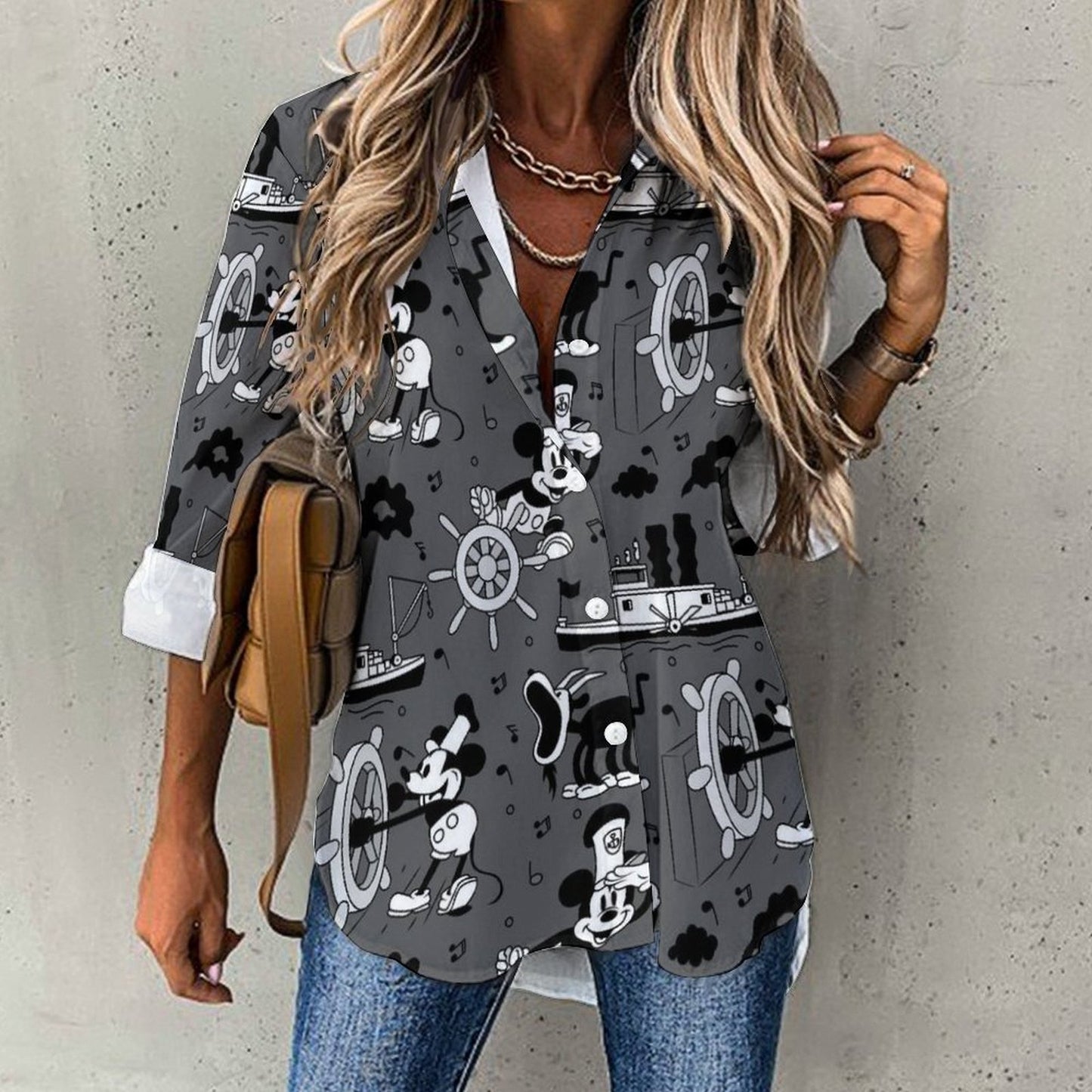 Steamboat Mickey Long Sleeve Button Up Blouse