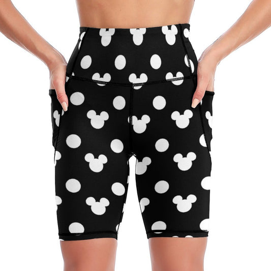 Black With White Mickey Polka Dots Women's Knee Length Athletic Yoga Shorts With Pockets