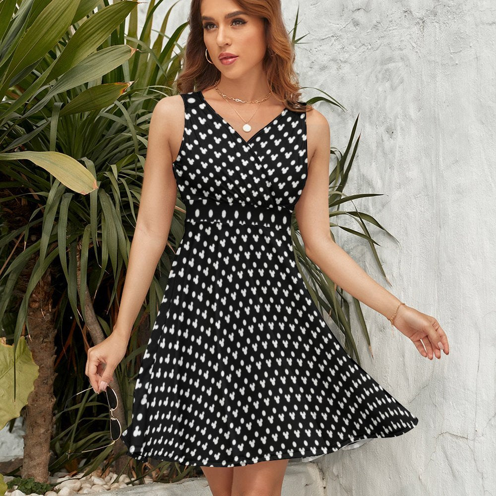 Black With White Mickey Polka Dots V-Neck Sleeveless Dress