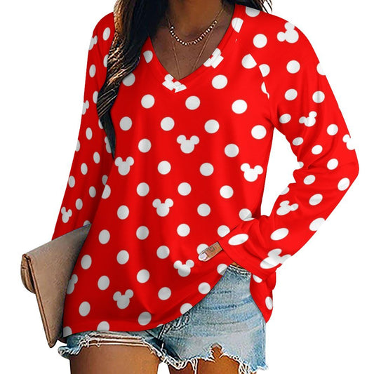 Red With White Mickey Polka Dots Long Sleeve Loose V-Neck Tee