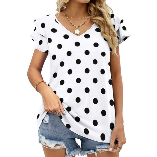White With Black Polka Dots Women's Ruffle Sleeve V-Neck T-Shirt