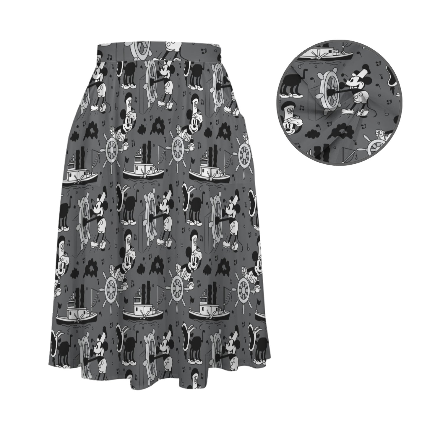 Steamboat Mickey Elastic Waist Midi Skirt With Pockets