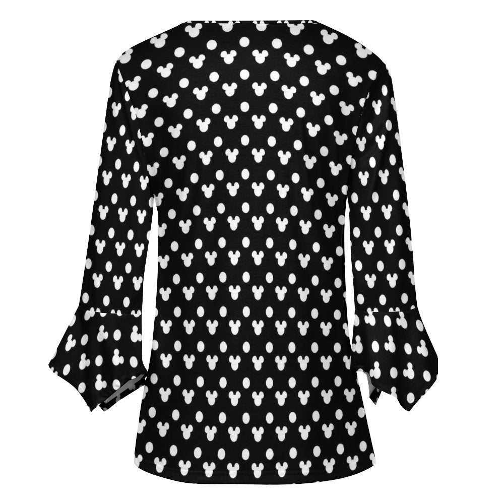 Black With White Mickey Polka Dots Women's Ruffled Petal Sleeve Top