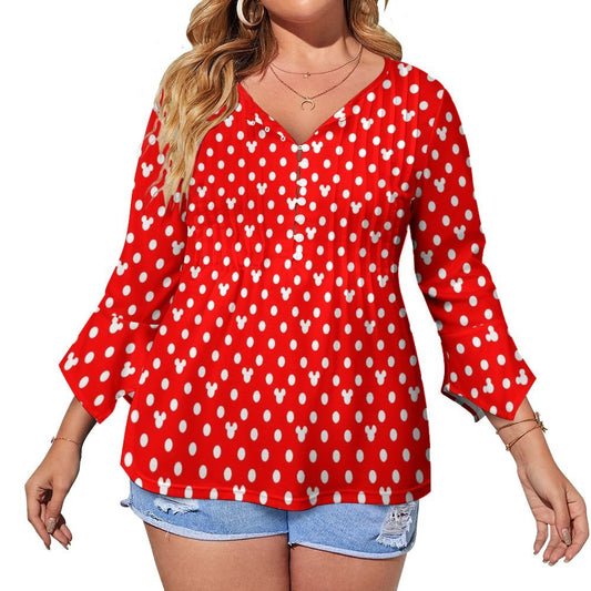 Red With White Polka Dots Women's Ruffled Petal Sleeve Top