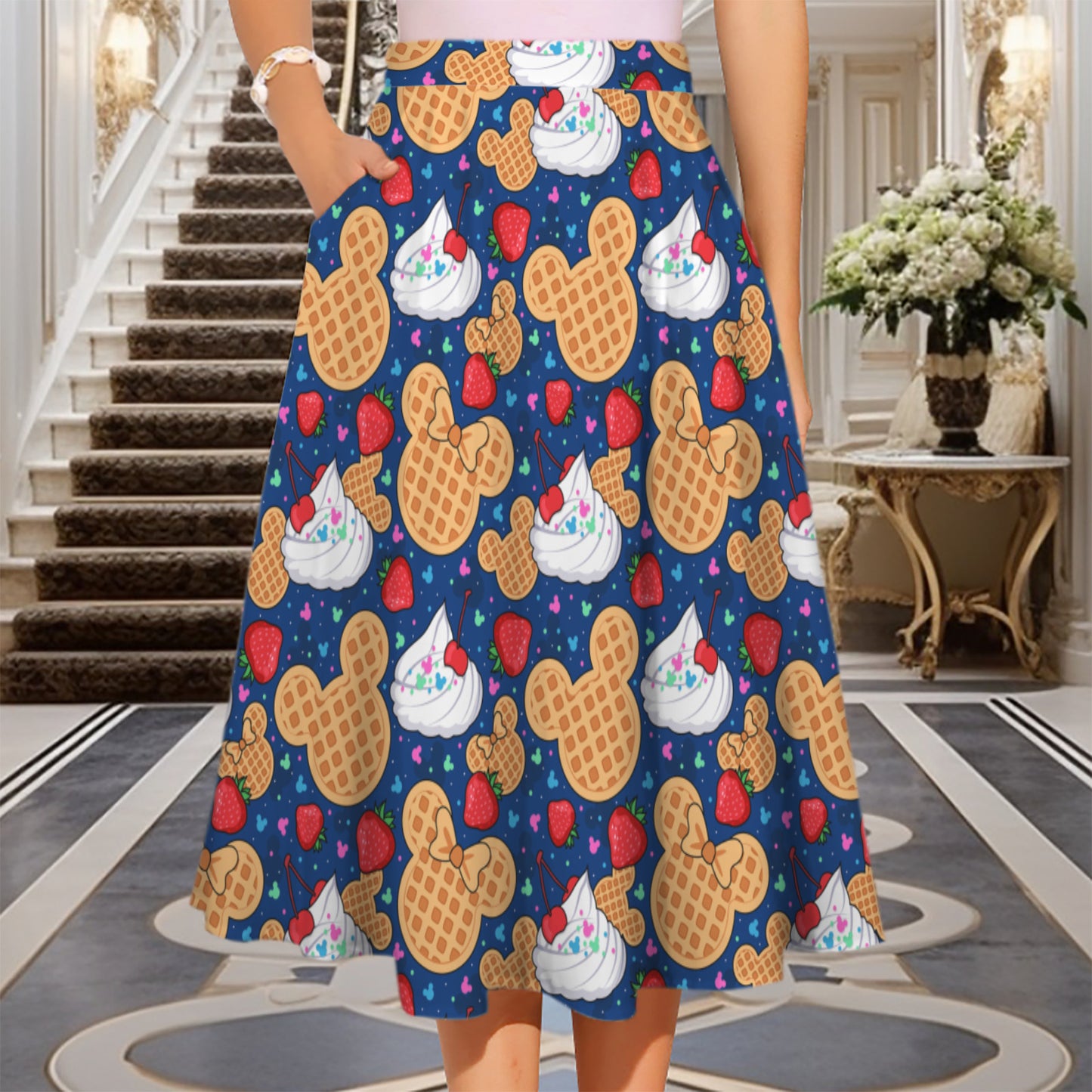 Mickey Waffles Elastic Waist Midi Skirt With Pockets