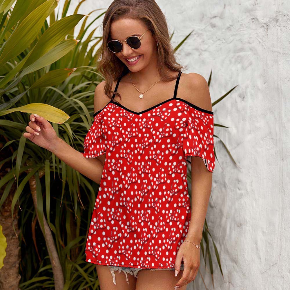 Red With White Polka Dot And Bows Women's Off-Shoulder Cold Shoulder Camisole Top