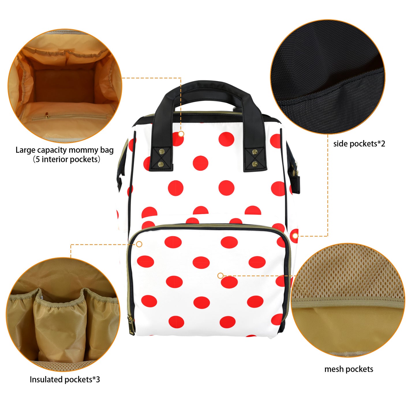 White With Red Polka Dots Multi-Function Diaper Bag