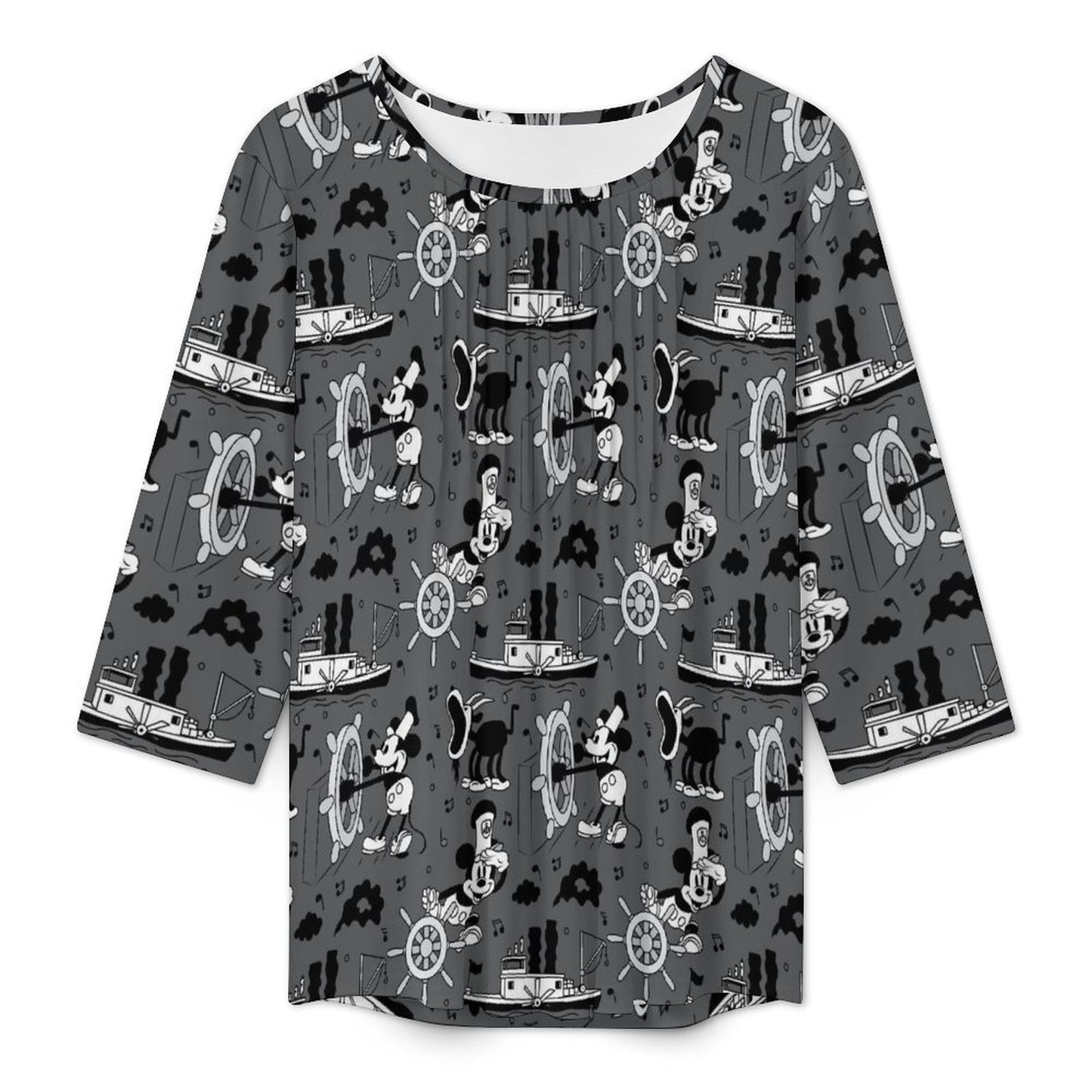 Steamboat Mickey Women's 3/4 Sleeve Pleated Tunic Top - Ambrie
