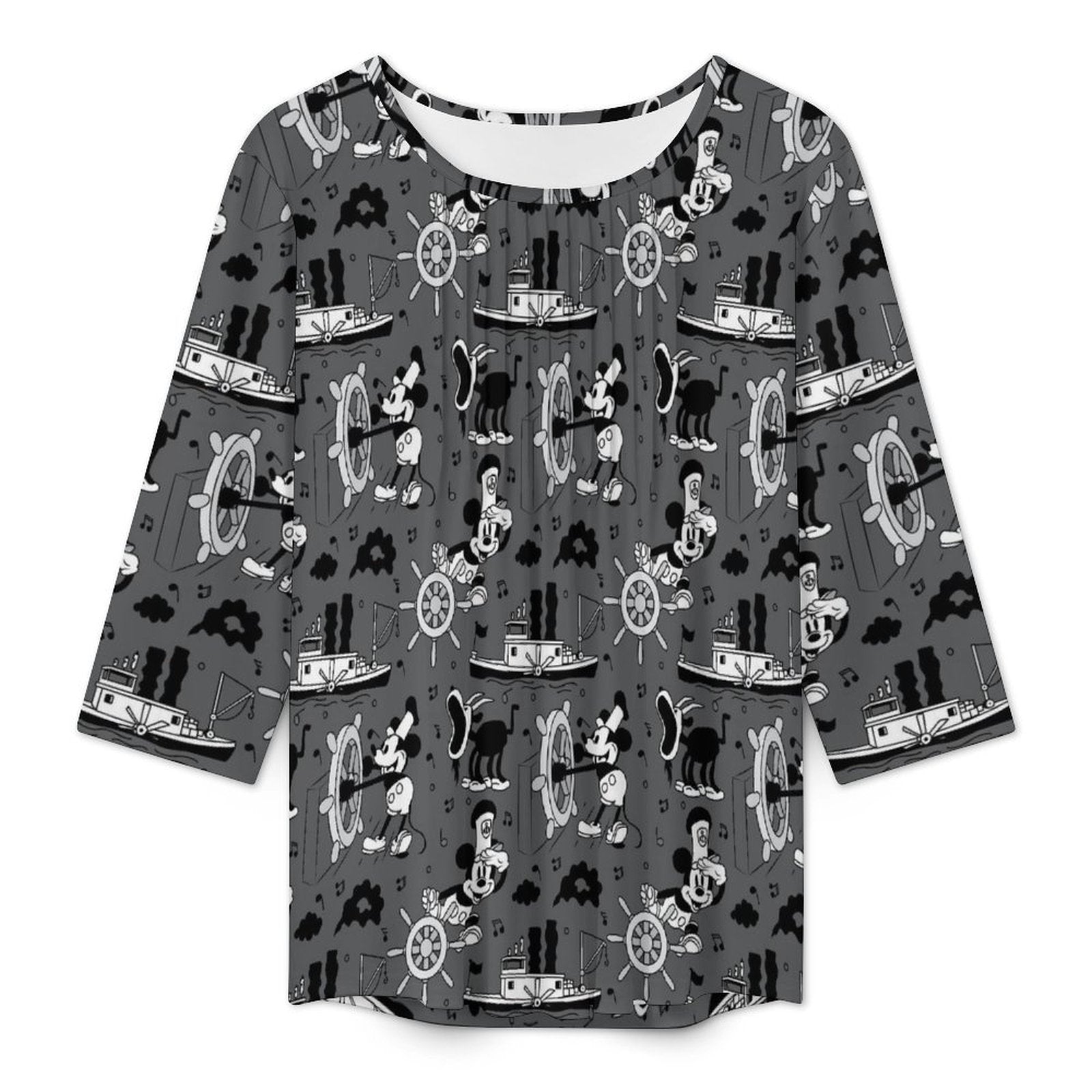 Steamboat Mickey Women's 3/4 Sleeve Pleated Tunic Top - Ambrie