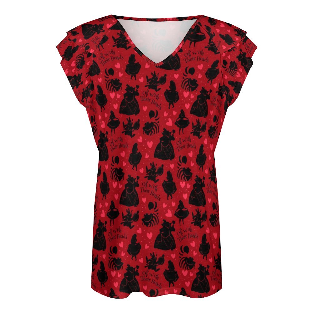 Disney Alice In Wonderland Queen Of Hearts Off With Their Heads Women's Ruffle Sleeve V-Neck T-Shirt