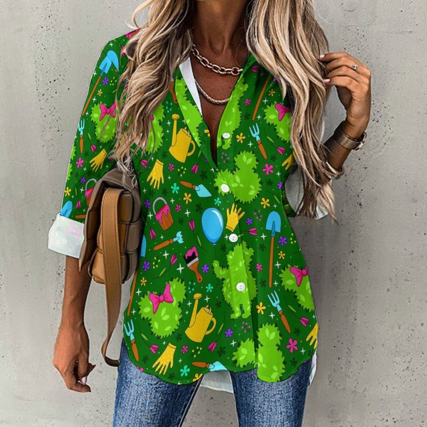 Flower And Garden Long Sleeve Button Up Blouse
