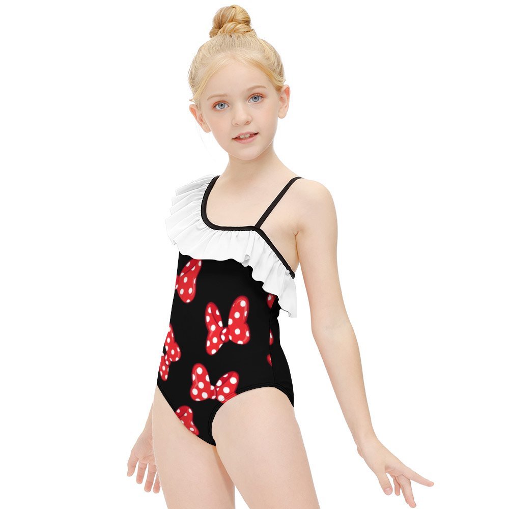 Polka Dot Bows Girls Flounce One-Piece Swimsuit