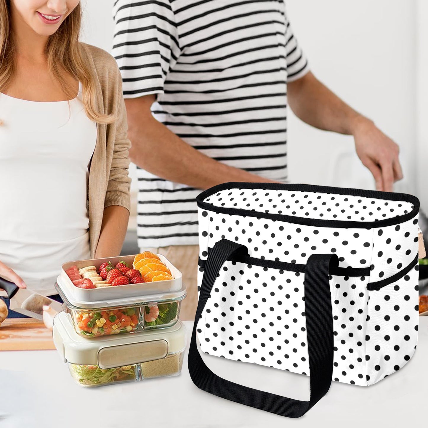 White With Black Polka Dots Large Capacity Insulated Tote Bag