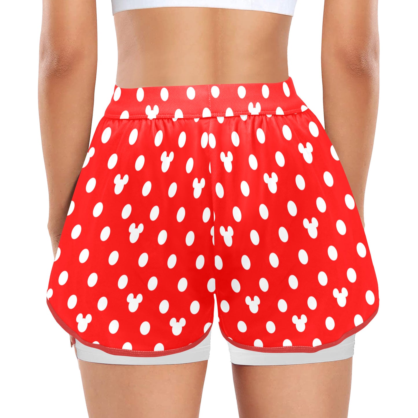 Red With White Mickey Polka Dots Women's Sports Shorts With Compression Liner