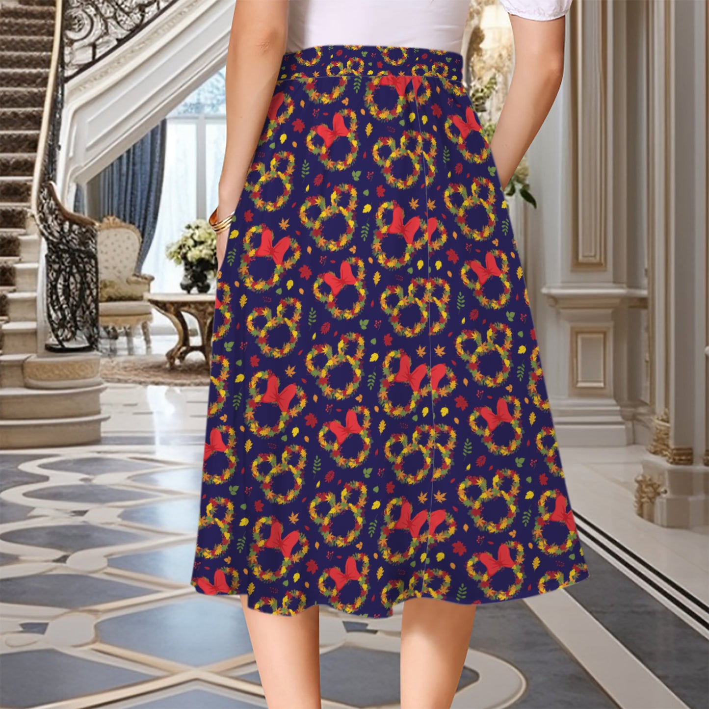 Fall Leaves Elastic Waist Midi Skirt With Pockets