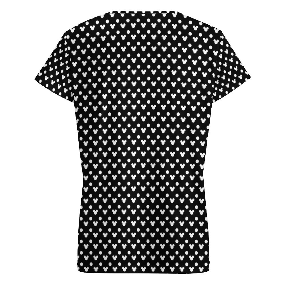 Black With White Mickey Polka Dots Women's V-Neck Short Sleeve T-Shirt