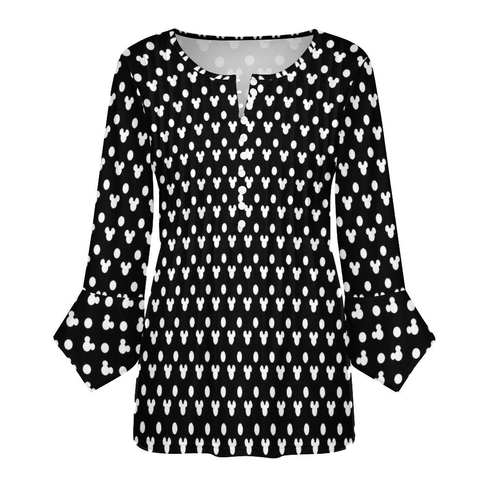 Black With White Mickey Polka Dots Women's Ruffled Petal Sleeve Top