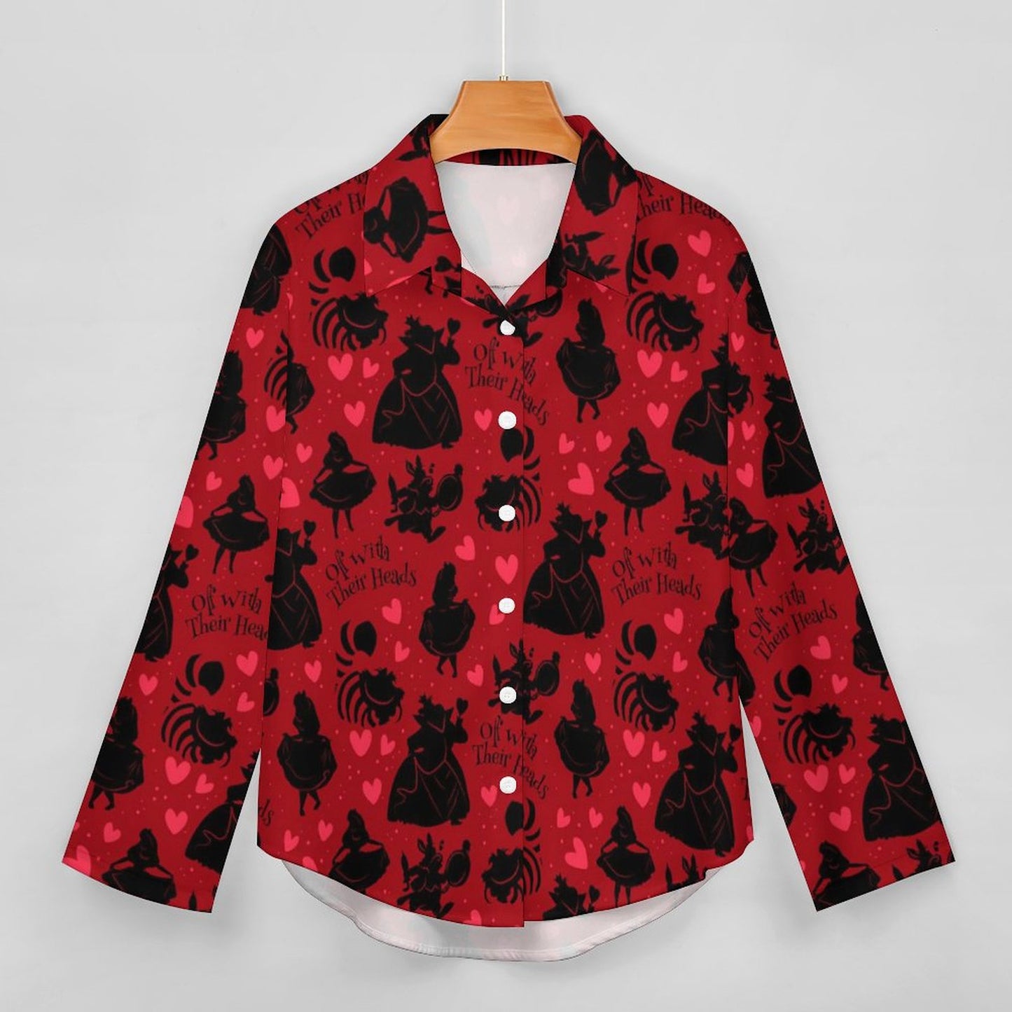 Disney Alice In Wonderland Queen Of Hearts Off With Their Heads Long Sleeve Button Up Blouse