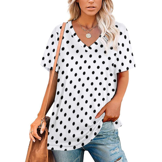 White With Black Polka Dots Women's V-Neck T-Shirt