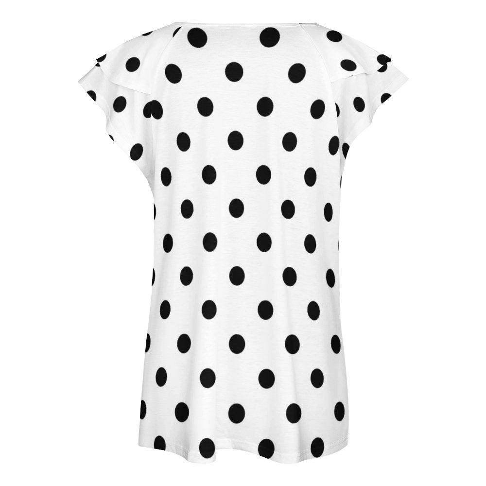 White With Black Polka Dots Women's Ruffle Sleeve V-Neck T-Shirt